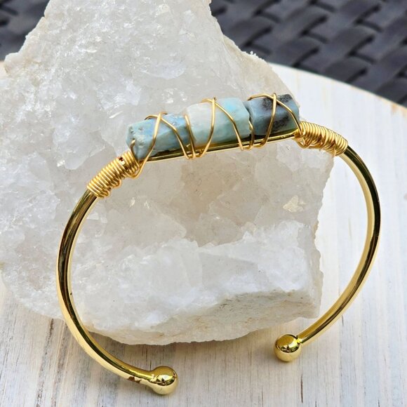 Larimar 3-Stone Wire Wrap Cuff – 14Kt Gold Over Copper – Ocean Calm Talisman - Picture 3 of 13
